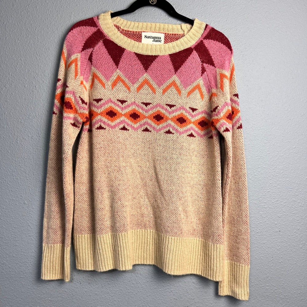 Savanna Jane Pink Orange Southwestern Fair‎ Isle Sweater Sm Aztec Raglan Sleeve
